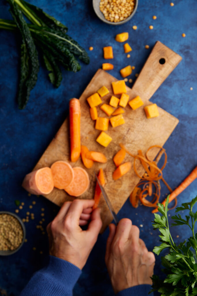 Orange winter veggies, (carrots, butternut squash and sweet potatoes) star in this Lentil and Root Vegetable Power Soup.
