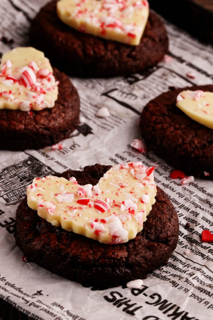 Fudgy Brownie Cookies topped with Peppermint Bark
