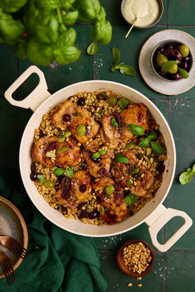 Mediterranean One Pan Chicken and Israeli Couscous

